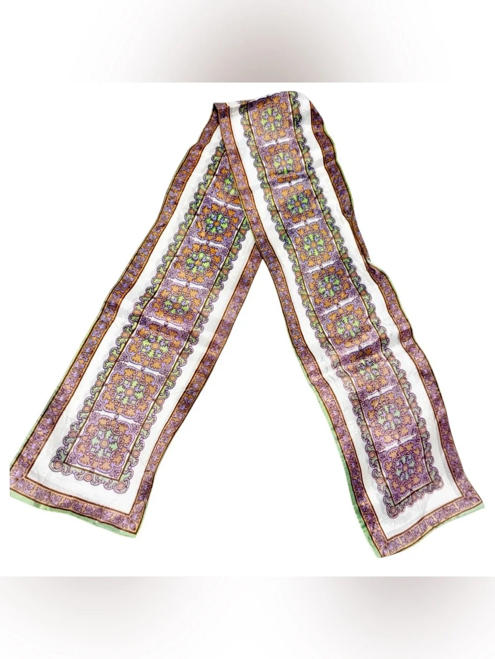 1960’s‎ Vintage Head or Neck Scarf in Paisley Brown, Purple, White & Green, 40”